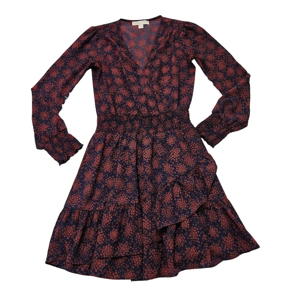 Michael Kors Navy Blue & Red Floral V-neck Long‎ Sleeve Layered Dress. Size P/2